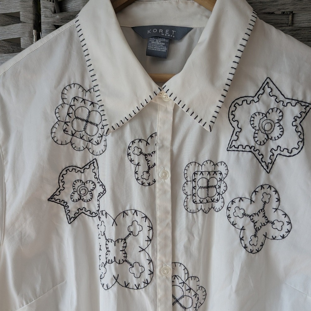 Vtg White Black Floral Stitch Embroidered Button Up Shirt Womens Sz 3X Scandi - Picture 2 of 8